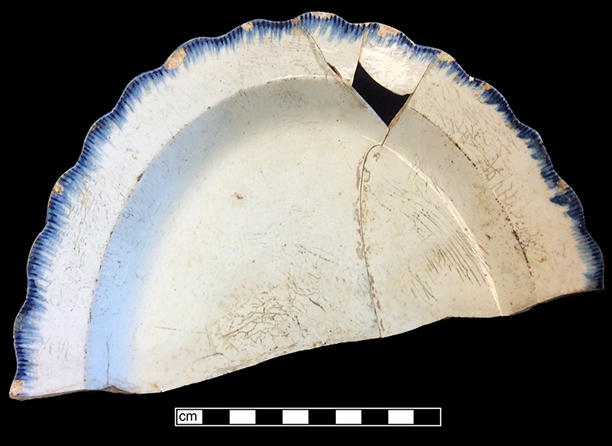 Pearlware shell edged dish, oval, even scallops, no molded impressions. Lot: 47D 339-106. 18BC50.